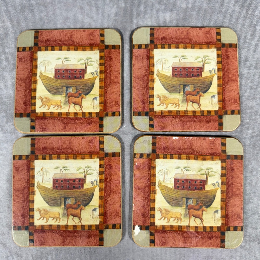 Vtg Noahs Ark Folk Art Coaster Set of 4 Cork Backed Rustic Farmhouse Decor 90s